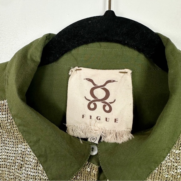 Figue Silver Sequins Embellished Button Down Shirt Tunic In Olive Green Size M - Picture 2 of 10